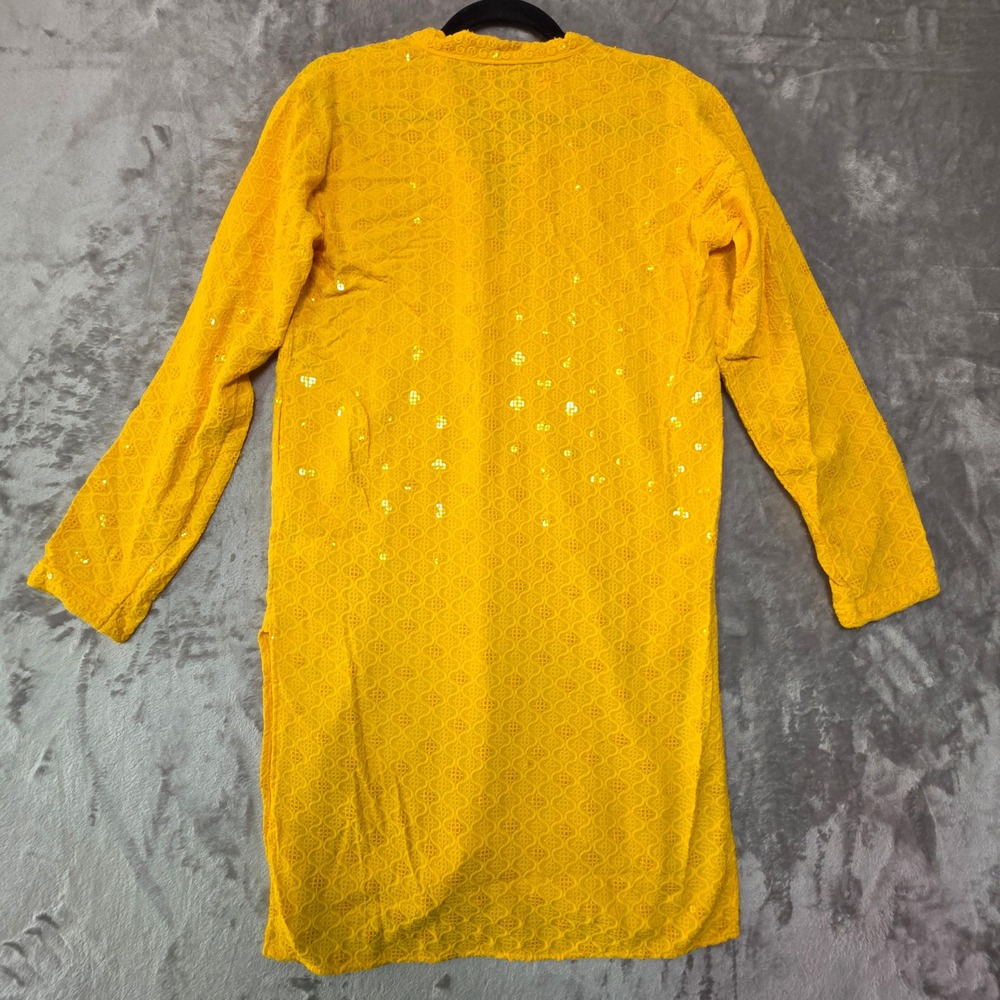 Sojanya Yellow Sequin Embroidered Kurta Tunic Mandarin Collar Two Pockets Size S - Picture 3 of 6
